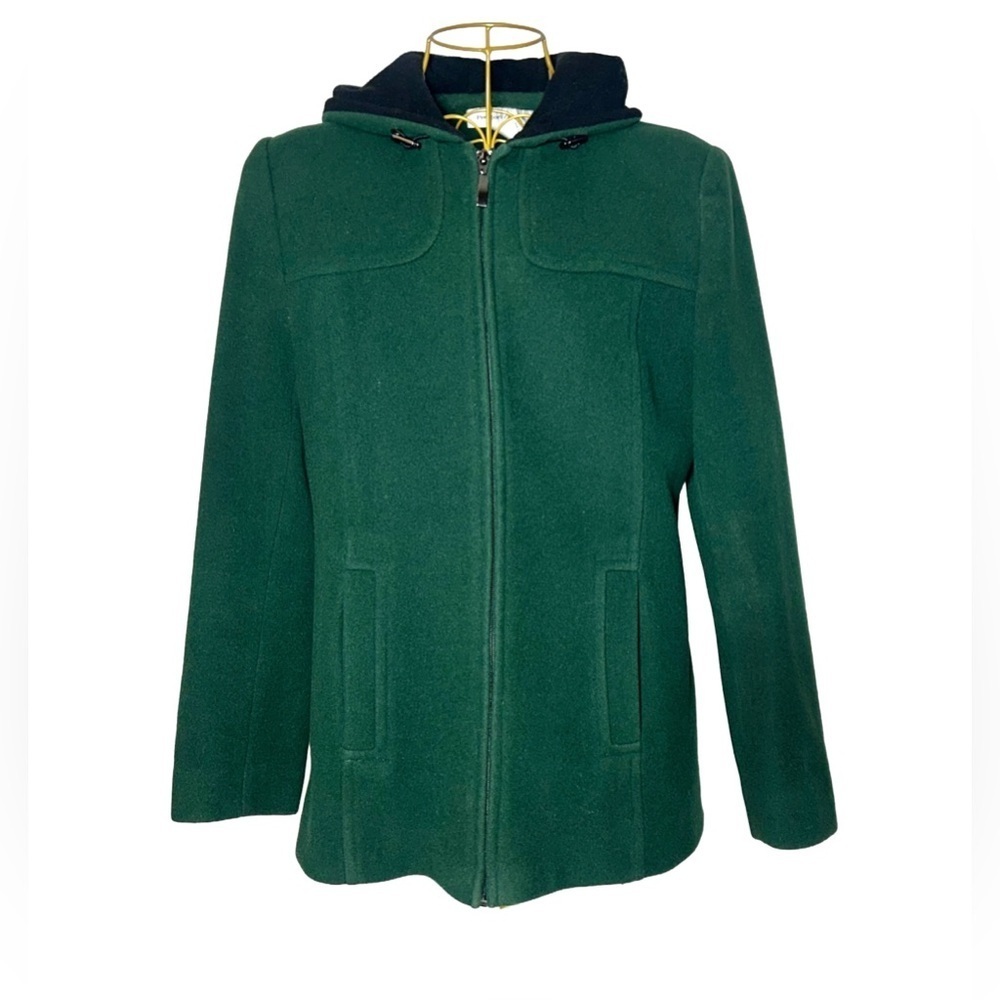 Preston & York Wool Coat in Rich Green with Pockets, Full Zip, & Hood, Small - Picture 4 of 15